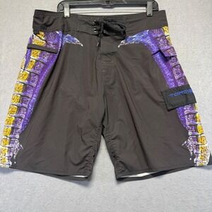 Tormenter Men Board Shorts 36x8 Black Purple Yellow Fish Bone Graphic Fishing